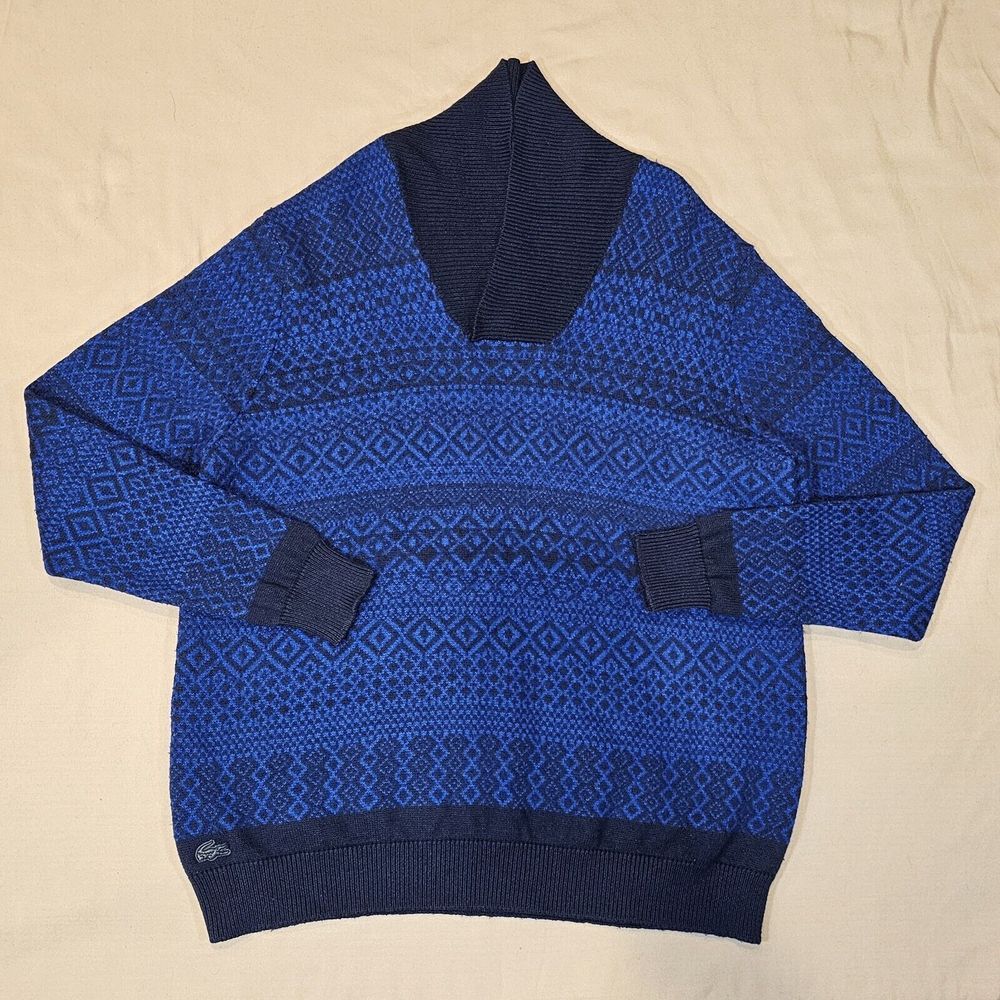Lacoste Wool Blend Sweater Geometric‎ Blue Black LS Size 8 (XL) Alligator Logo